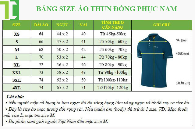 Bảng size áo thun đồng phục nam tại Thành Công