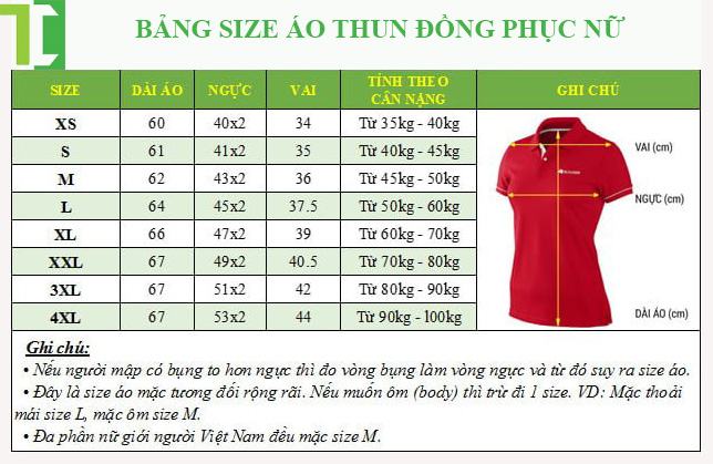 Bảng size áo thun đồng phục nữ tại Thành Công