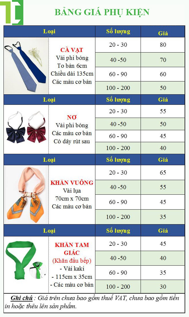 Bảng giá phụ kiện công sở (nơ, khăn, cà vạt)