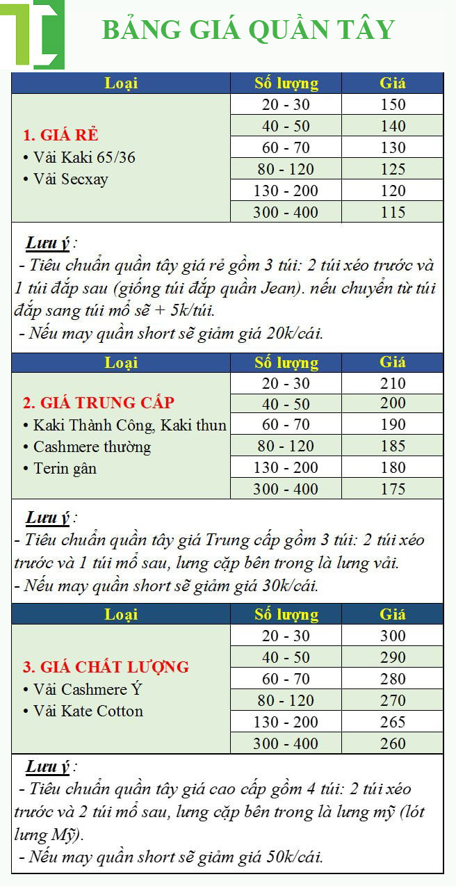 Bảng giá quần tây công sở