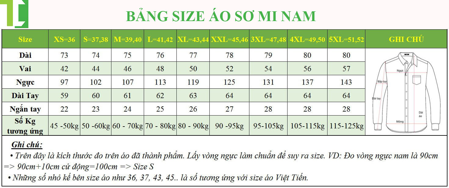 Bảng size áo sơ mi nam đồng phục công sở