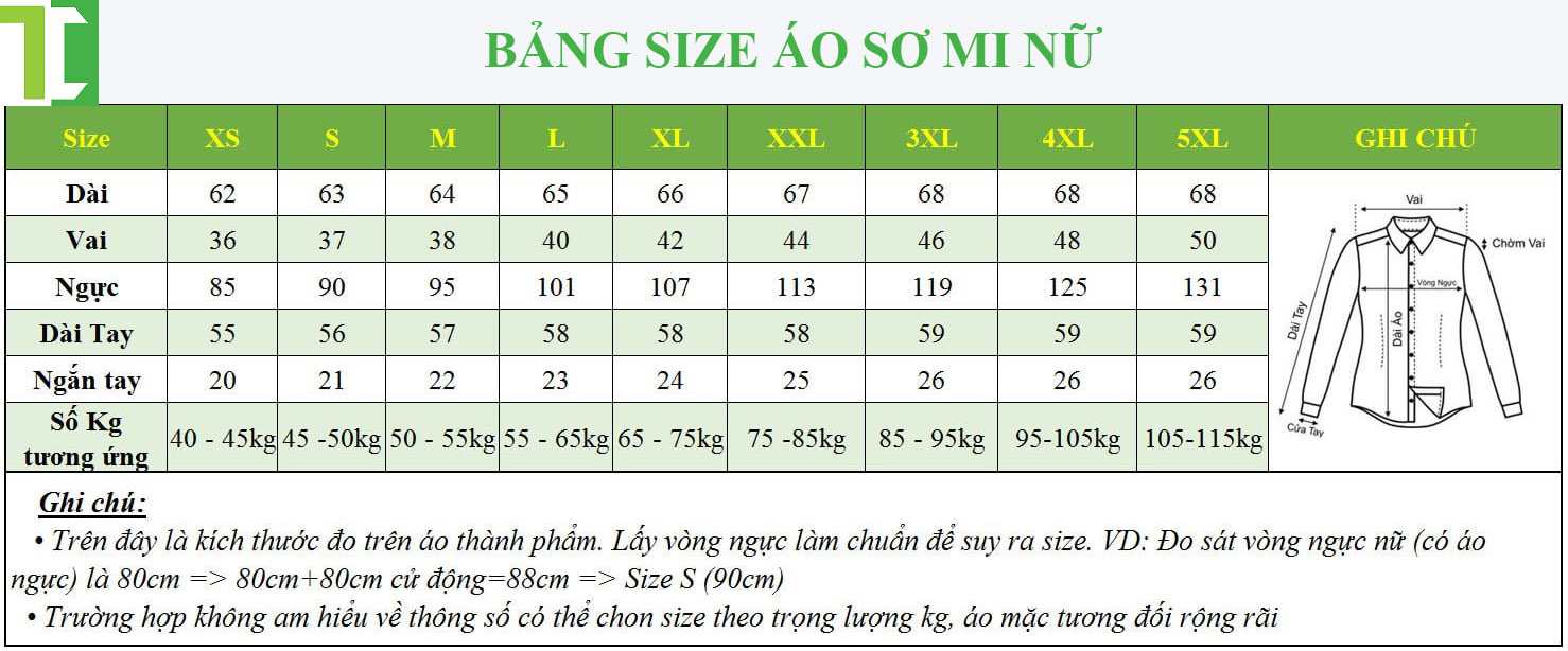 Bảng size áo sơ mi nữ đồng phục công sở